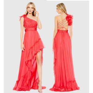 Mac Duggal Size 0 67989 Cherry One Shoulder Ruffle Lace Up Back Prom Gown Dress
